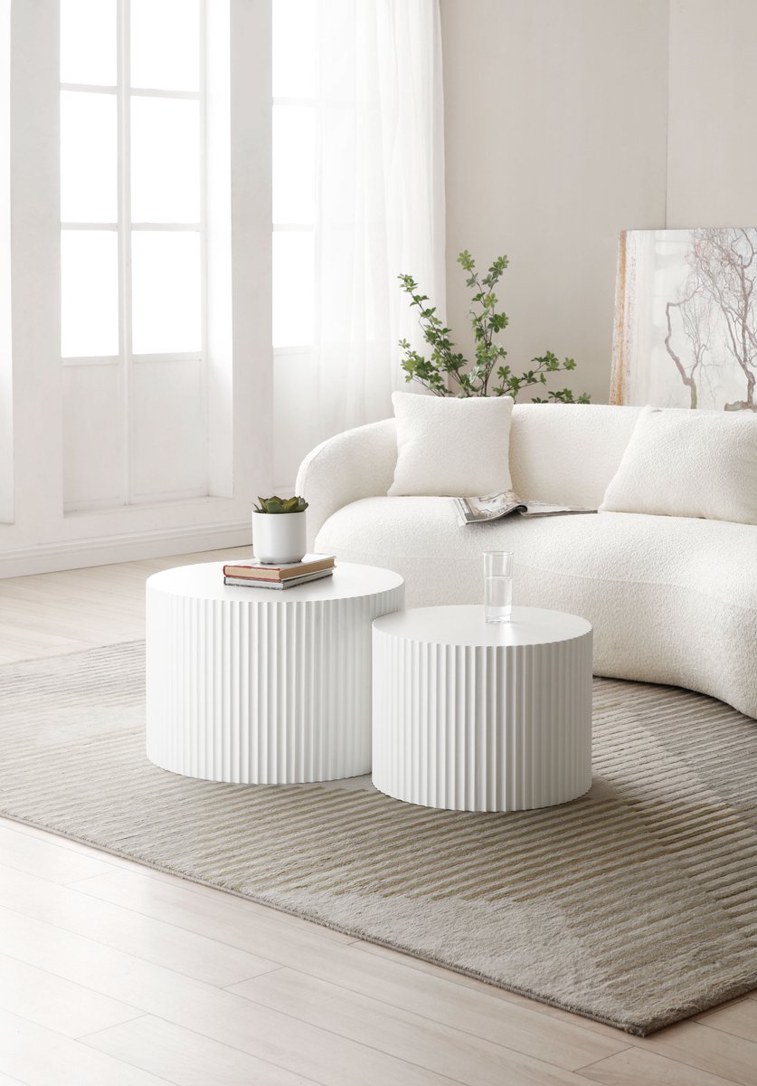 NJLYUHOME Wave - Nesting salontafel set - 2 stuks (Ø60/48 cm) - Golfstructuur in zwart - Krasvast & ruimtebesparend