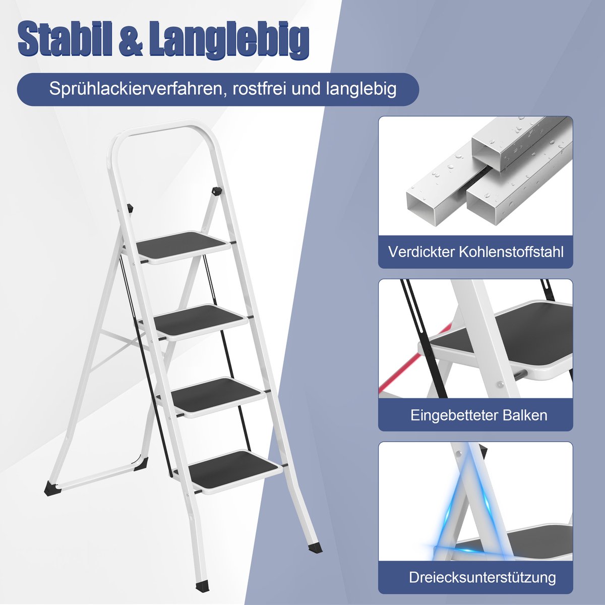 Froadp 4-treden metalen ladder, klapladder, opstapje, antislip trapladder, multifunctionele ladder, opklapbare trap, opstapladder, sta-ladder tot 150 kg, zwart-wit – foto 5