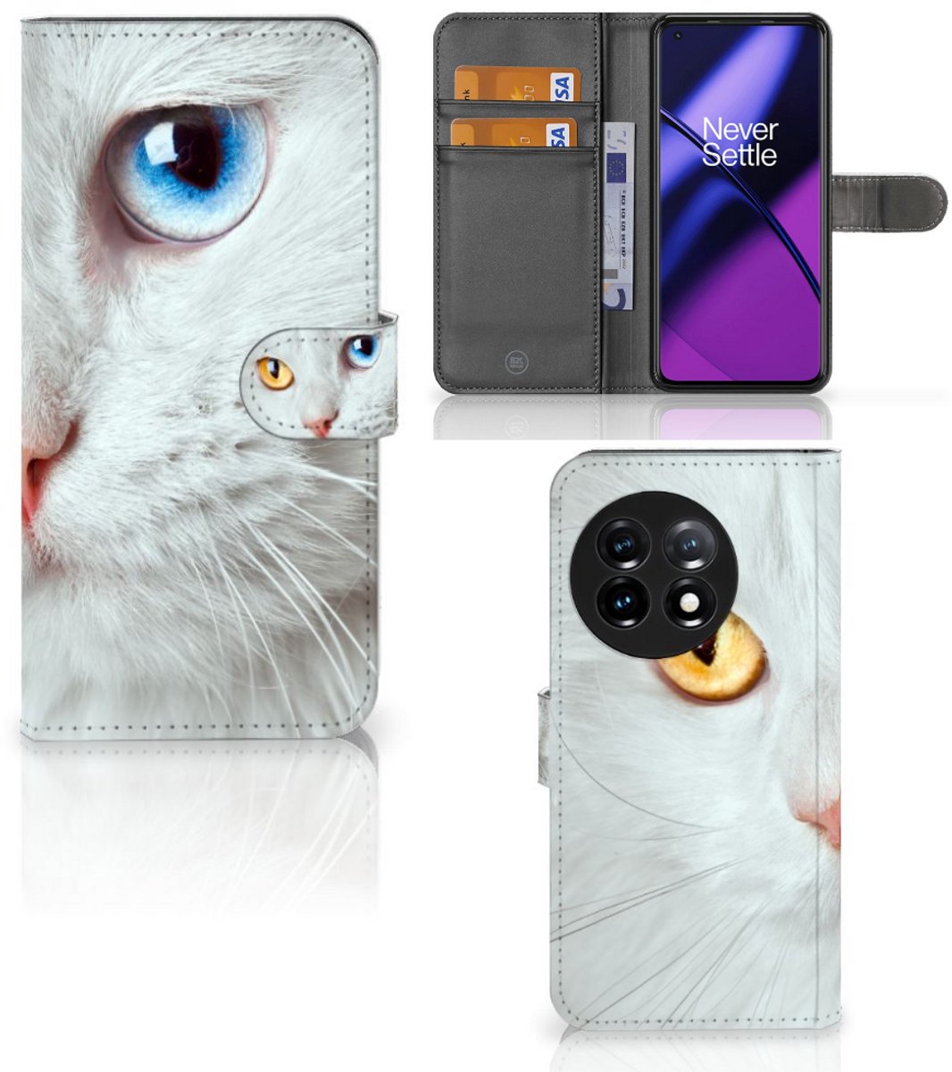 OnePlus 11 Telefoonhoesje met Pasjes Witte Kat