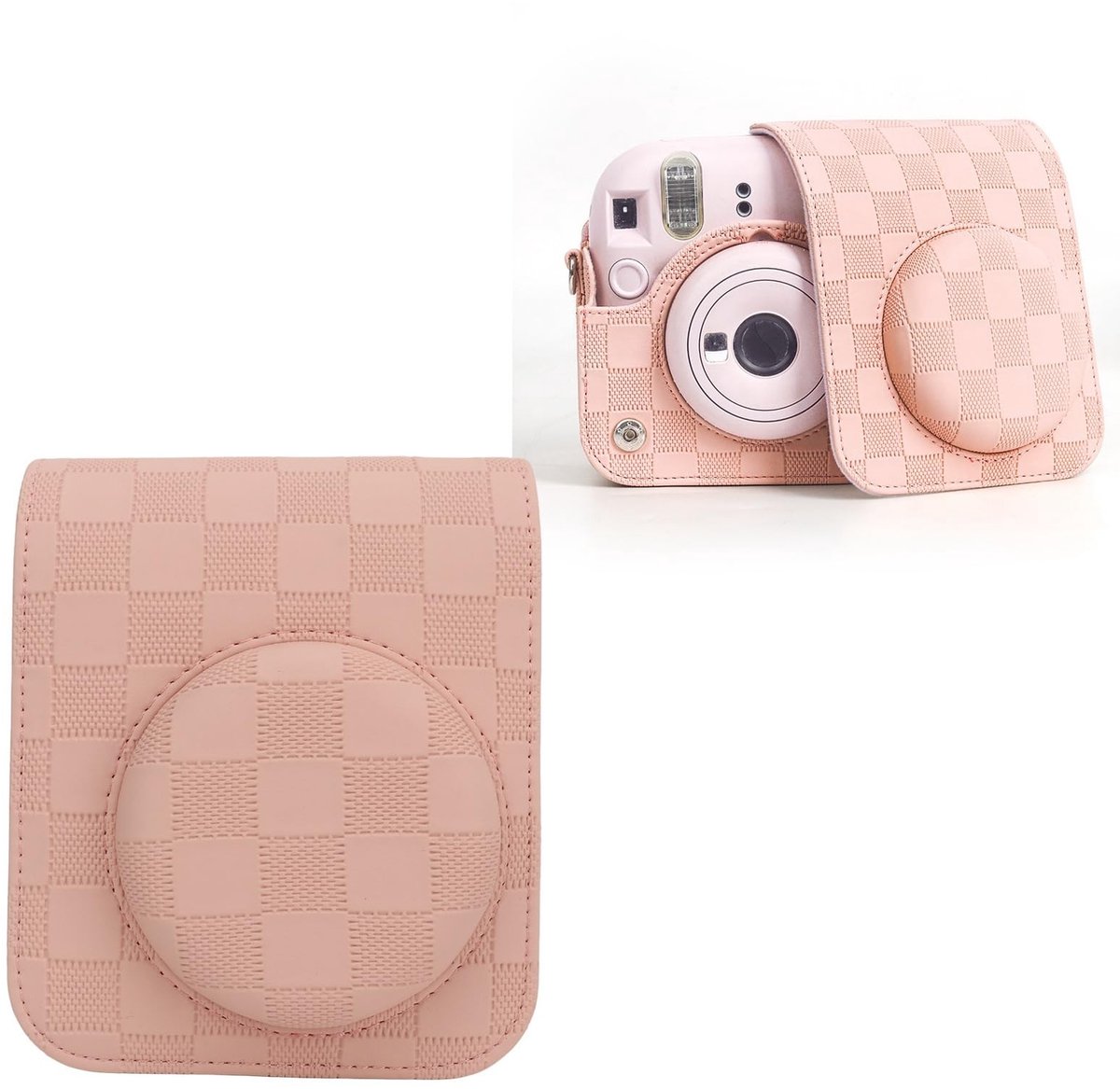 Fujifilm Instax Mini 12 Camera Case - Vintage Checkerboard PU Leather met Afneembare Deksels - Roze