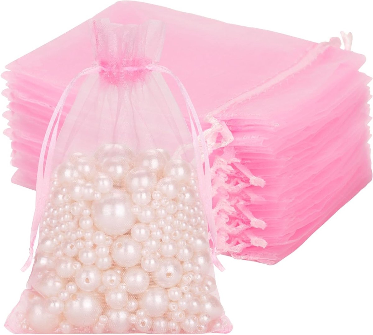 Grote Roze Organza Tassen 50 Stuks 13 x 18 cm met Trekkoord voor Trouwen, Cadeaus en Snoepjes