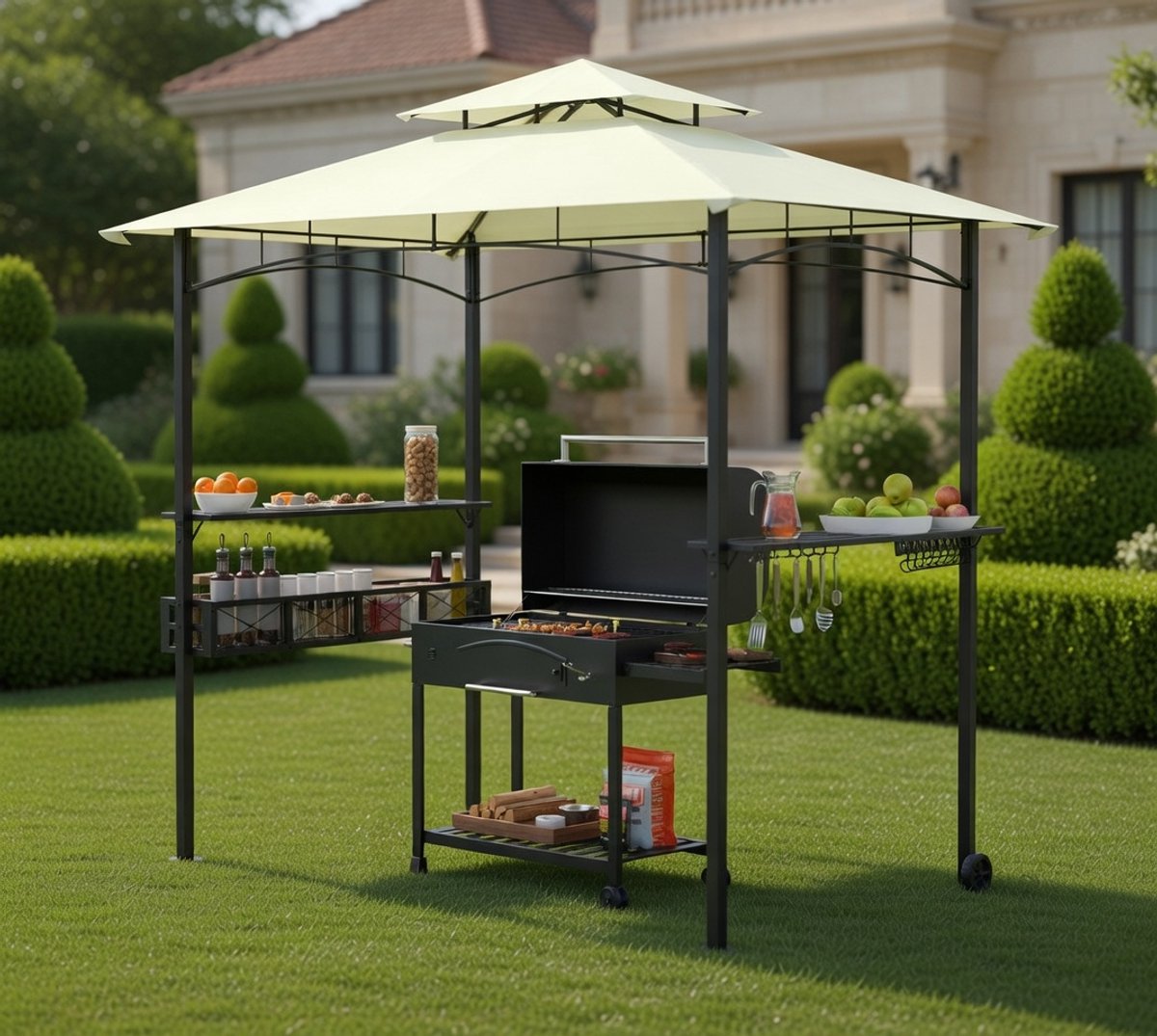 Grillpaviljoen met Dubbel Dak 245x153x250 cm – Waterdicht & UV50+ BBQ Overkapping met Opbergrek, Haken en Mand – Tuinpaviljoen / Partytent voor Buiten, Tuin, Terras en Feest – Beige | medahomestore