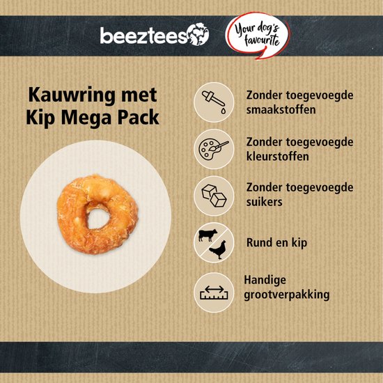 Beeztees Kauwring met Kip, mega pack. Een kauwring op een witte cirkel. Iconen met tekst over ingrediënten.
