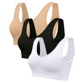 Zwart wit beige sport beha dames – naadloze sport bh set – elastische dunne sport top zonder sluiting – ademende enkellaagse sport bh met brede schouderbanden – lichte ondersteuning – fitness yoga hardlopen – maat XXL – set van 3