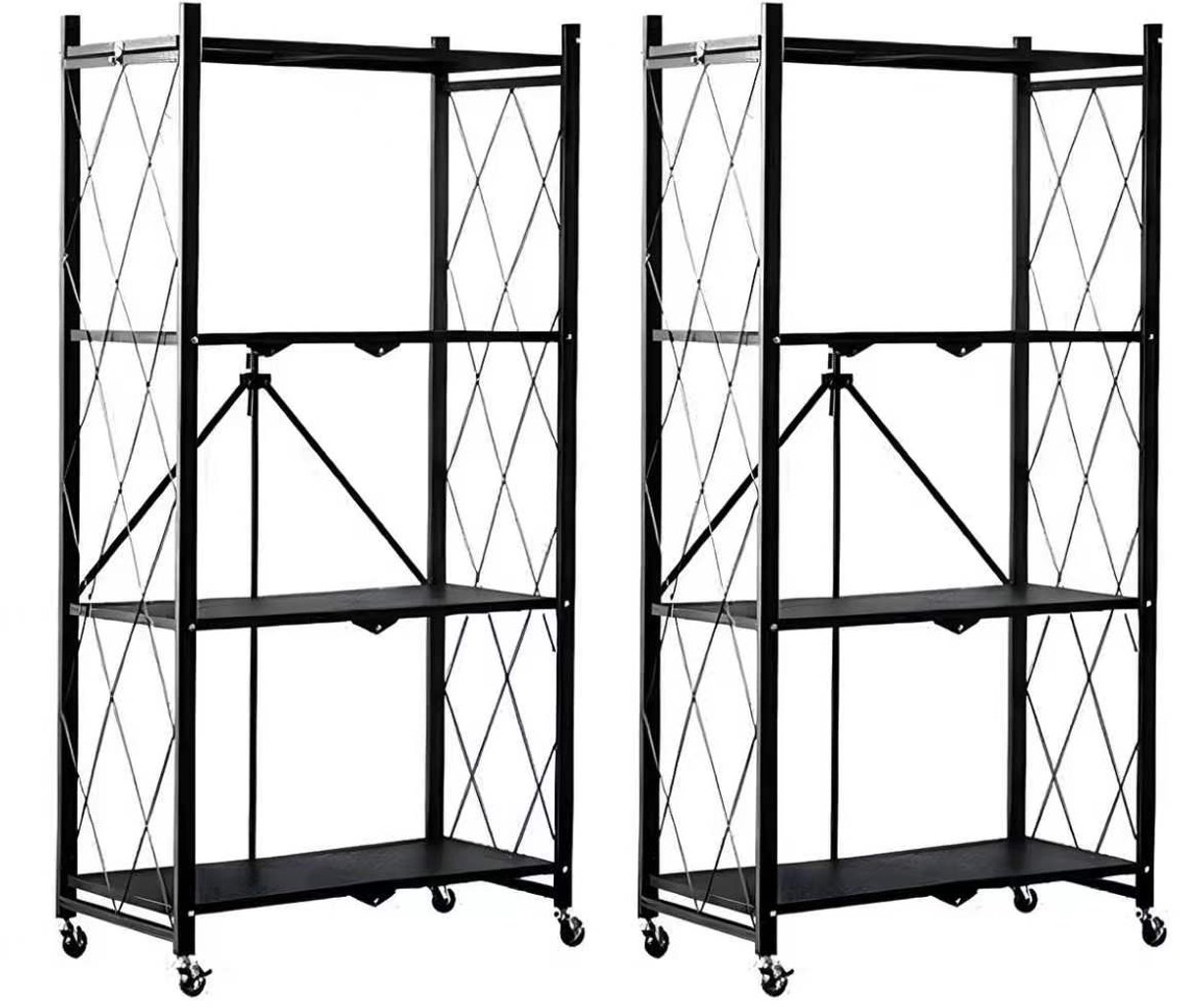 FOXSPORT Inklapbare plank kast - 2 stuks - Stellingkast Met 360° wielen - 4 laags 72x37x124CM - Open Vakkenkast - Wandkast - Keuken Organizer - Keuken Opslag - Boekenkast - Opbergrek Magnetron - Keukenrek - Roestvrij Staal - Zwart - Set van 2