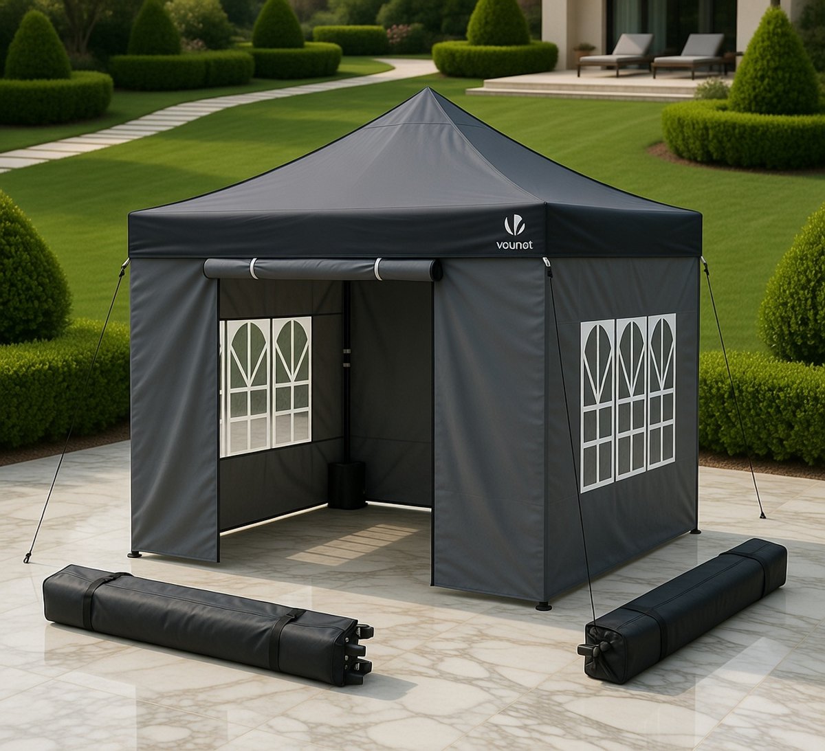 Luxe Opvouwbare Tuinpaviljoen 3x3 m – Waterdichte Partytent met 4 Zijwanden, Raam, Polyester Dak, Draagtas en Zandzakken – Perfect voor Tuin, Camping, Festival en Evenementen – Grijs MedahomeStore