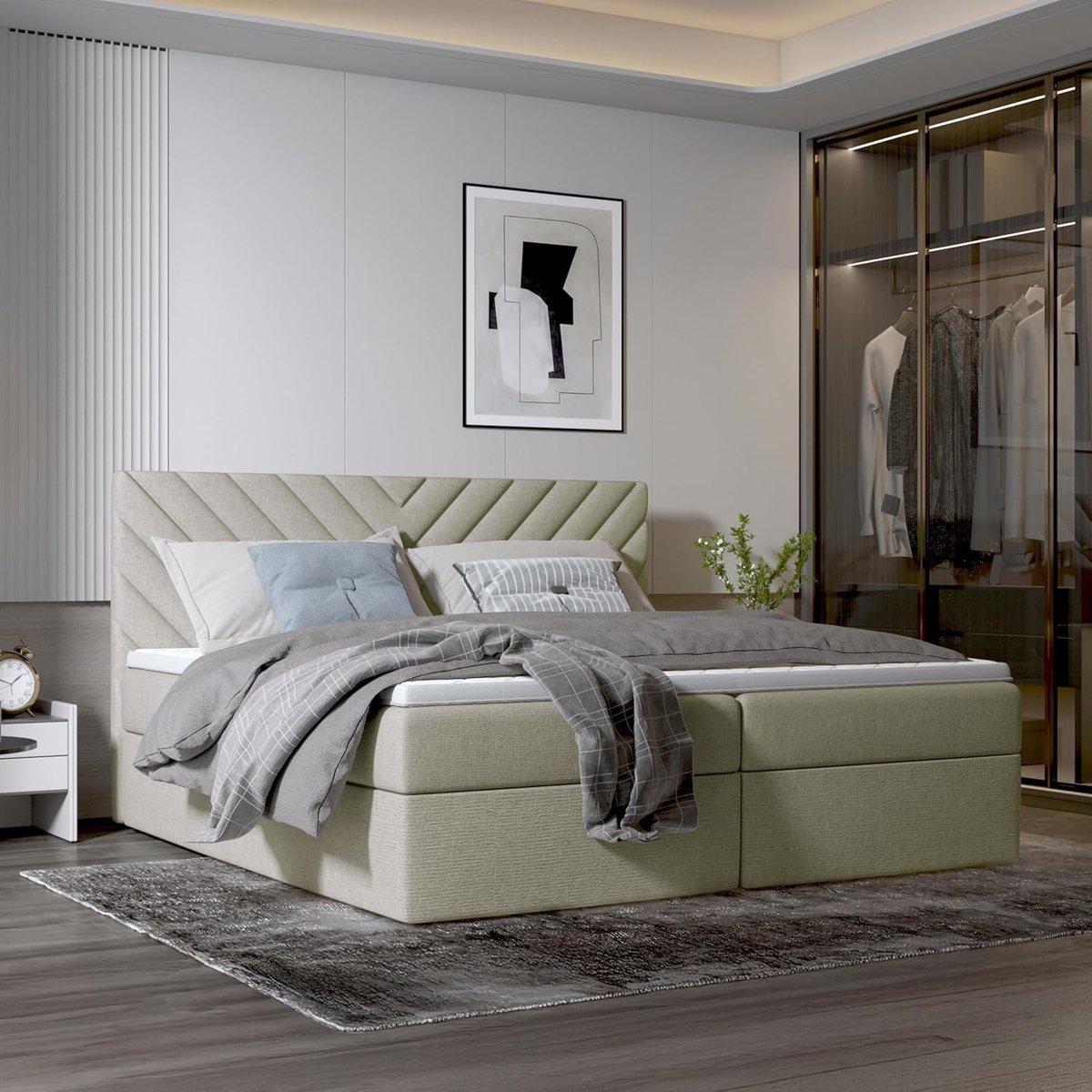 Boxspring 200x200 cm met opbergladen, matras H3 en topper – tweepersoonsbed met opbergruimte, ademend matras, modern design zonder voetbord – middernachtblauw – Urbanhome