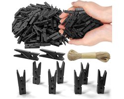 Mini Wasknijpers - Houten Knijpers - Foto's Ophangen - Met Jute Touw - 100 Stuks - Zwart