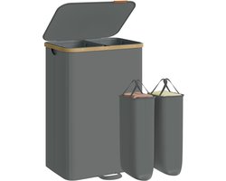 SONGMICS Wasmand met deksel, wasverzamelaar, wassorteerder, waszak afneembaar, bamboeframe, voor bijkeuken, slaapkamer, 2 vakken, 150 liter, leigrijs LCB532GN01