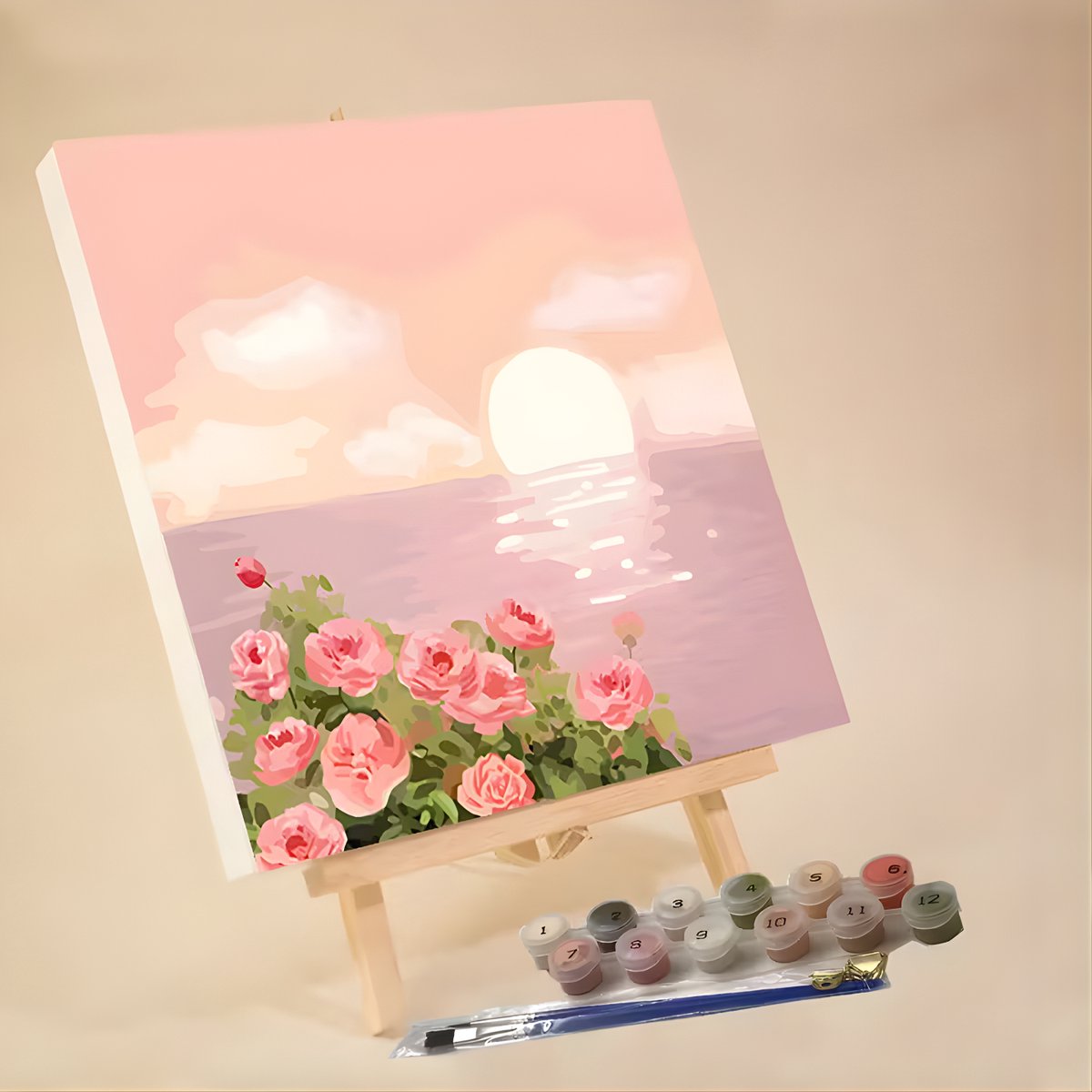 Nalovi - Schilderen op nummer - Op canvas - Zonsondergang & Bloemen - 20x20 cm - Compleet DIY schilderpakket - Voor volwassenen – Ontspannende hobby