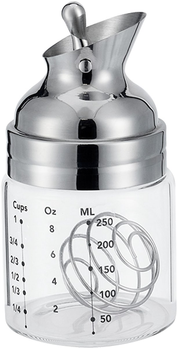 Shaker - Voor dressing - Met schenktuit - Roestvrijstaal - Glas - 250 ml - 7,8 x 7,8 x 14,5 cm