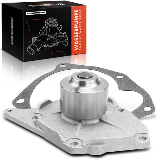 Frankberg waterpomp met pakking, zilverkleurig metaal. Doos met "WASSERPUMPE ENGINE WATER PUMP" opdruk.