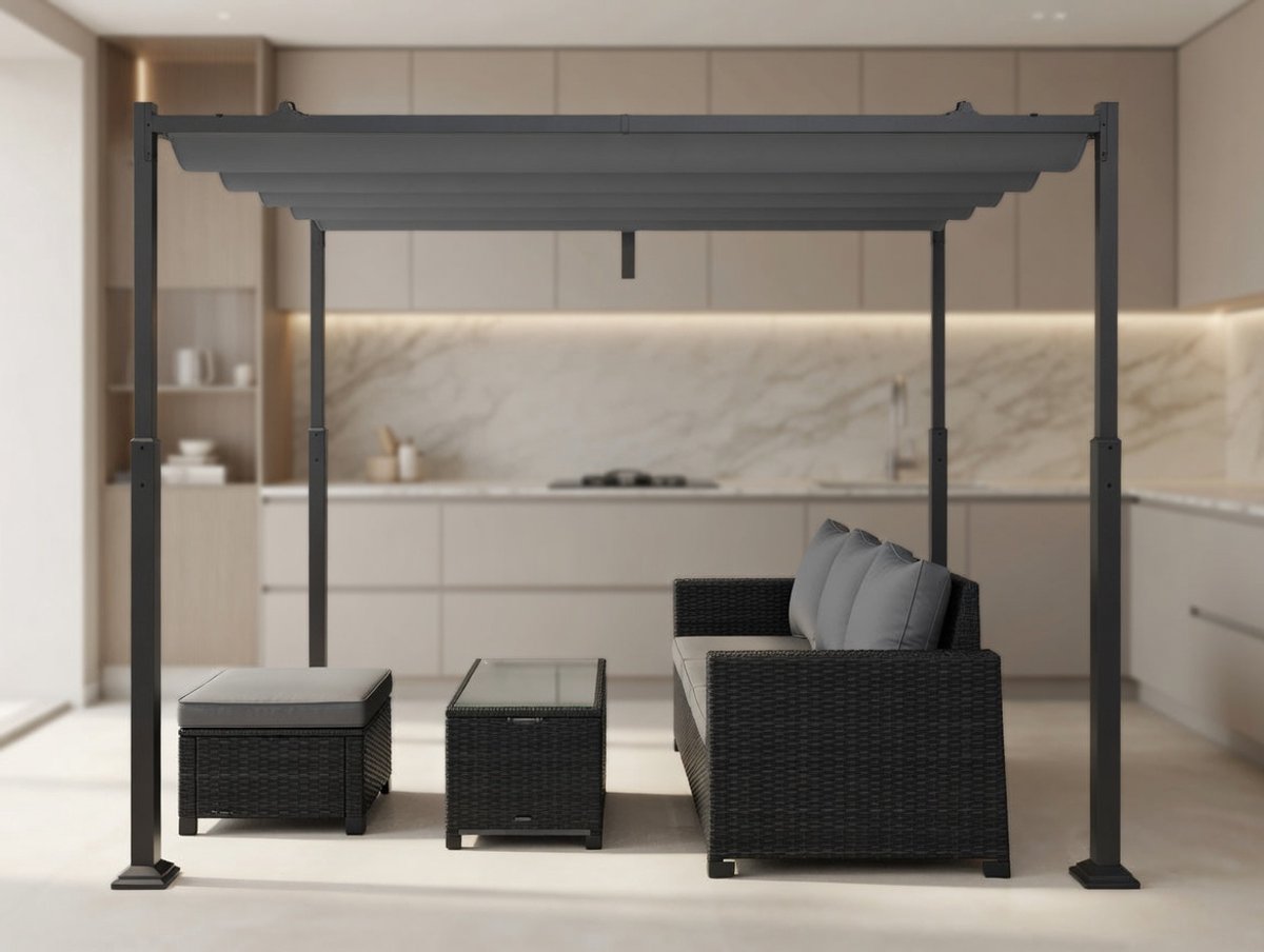 Luxe Tuin Pergola 3x3m – Waterdicht & Weerbestendig Paviljoen met Uittrekbare Zonnescherm – Stabiele Metaalstructuur voor Tuin, Terras & Balkon – DonkergrijsMedaHomeStore