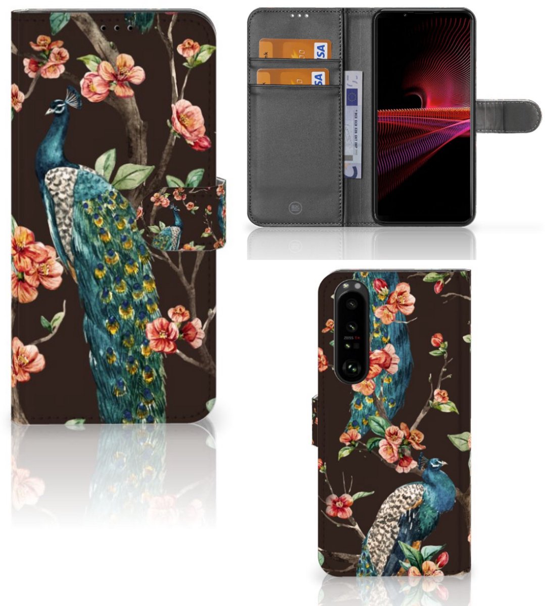 Sony Xperia 1 III Telefoonhoesje met Pasjes Pauw met Bloemen