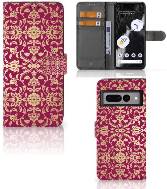 Portemonneehoesje voor Google Pixel 7 Pro met barokprint in roze en goud. Toont het gesloten en open hoesje.