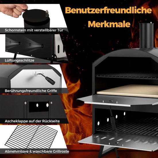 COSTWAY Outdoor pizzaoven, 2-laags pizzaoven met grillrooster, pizzaschep, vierkante steen, waterdichte afdekking, draagbare brander, houtkachel voor picknick, BBQ-party, camping — afbeelding 2