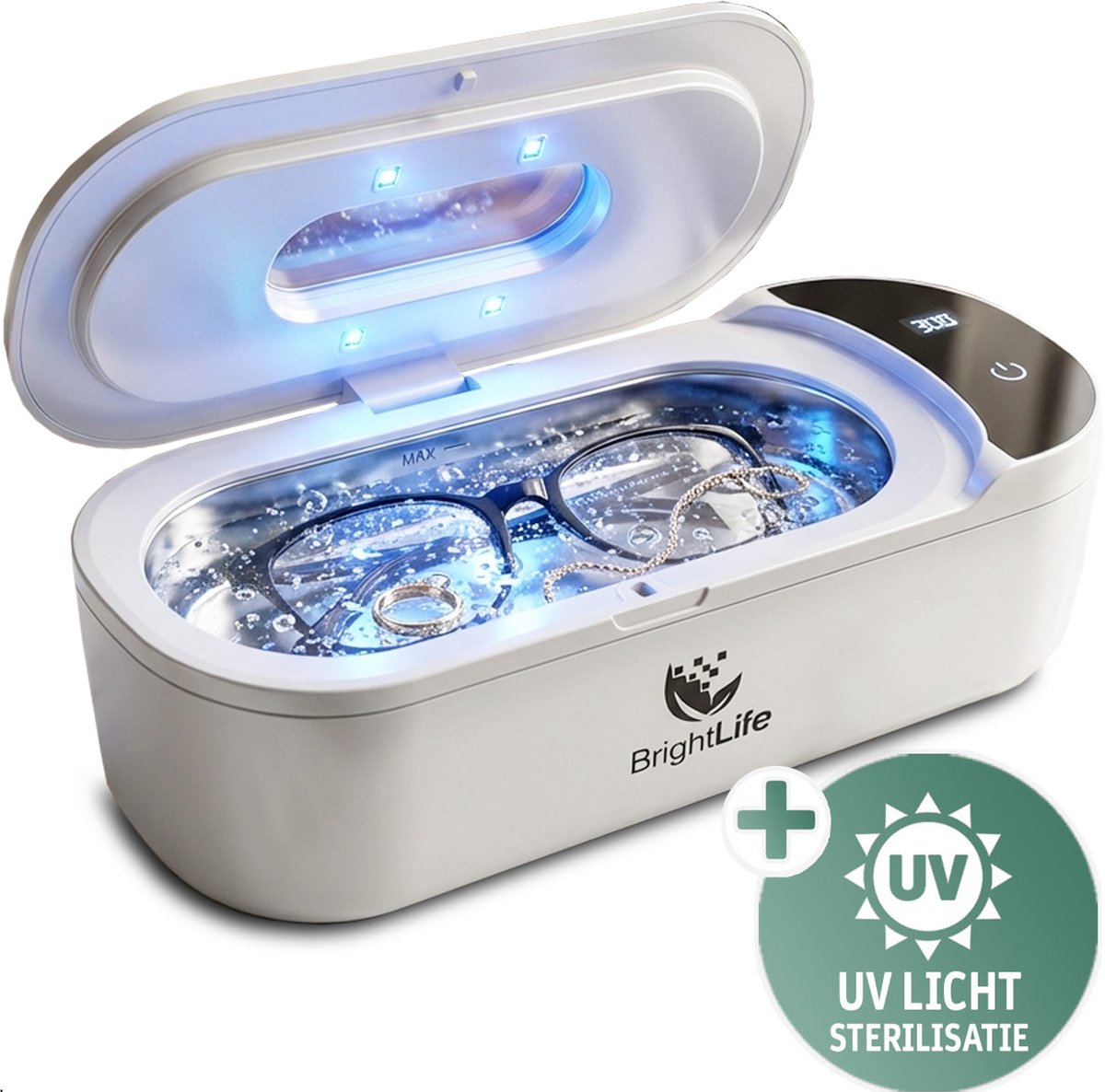 BrightLife Ultrasoon Reiniger - Reiniger voor Brillen en Sieraden - 48.000 Hz - Ultrasonic Cleaner - Met UV desinfectie