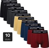 Set van 10 Montcho boxershorts in verschillende kleuren: zwart, grijs, geel, blauw en rood.