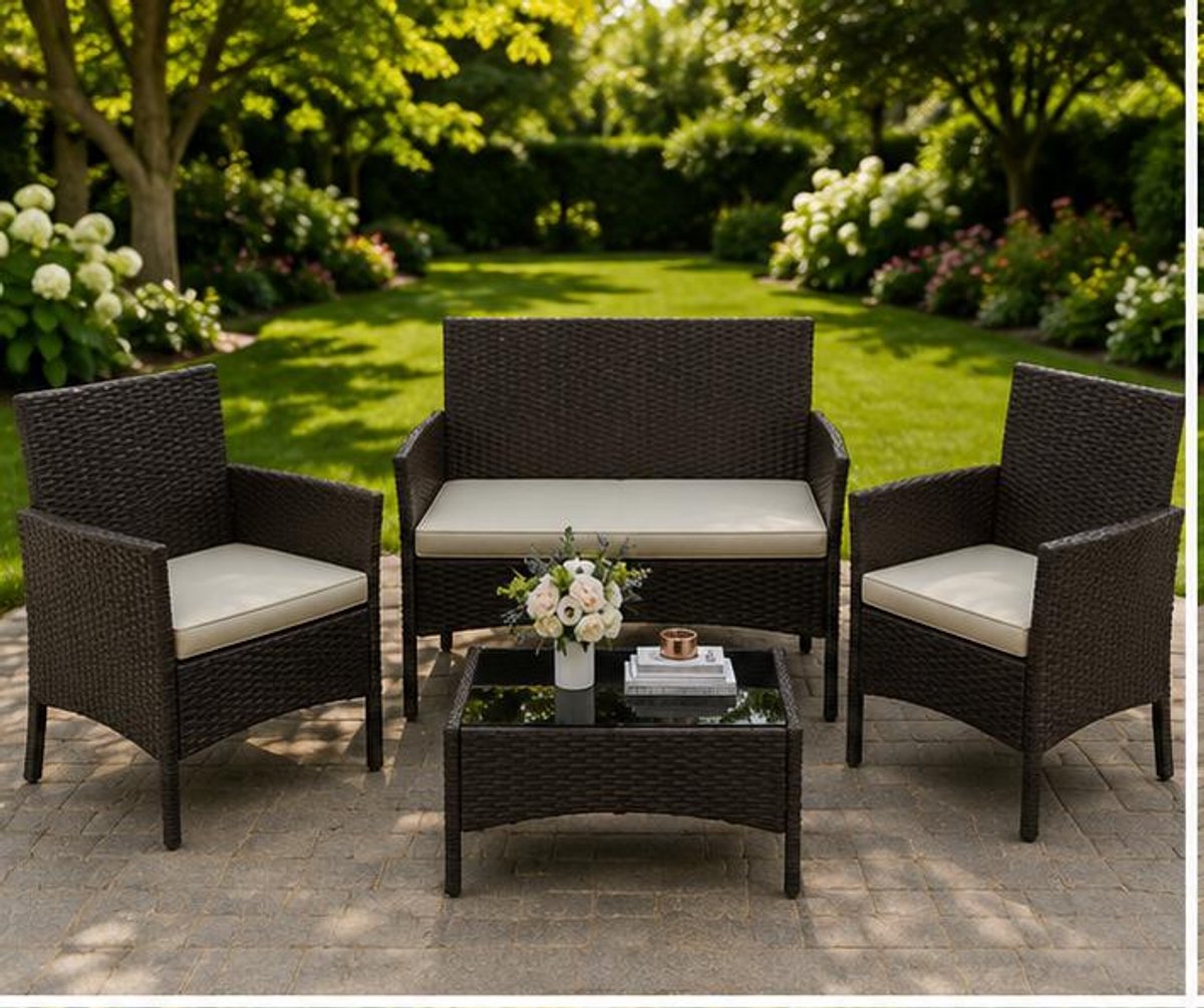 Tuinmeubelset 4-Delig Polyrotan – 2-Zits Loungebank, 2 Tuinstoelen & Tuintafel met Gehard Glas – Balkonset met Wasbare Kussens voor 4 Personen – Weerbestendige Loungeset Zwart/Lichtgrijs – Mobili Bella