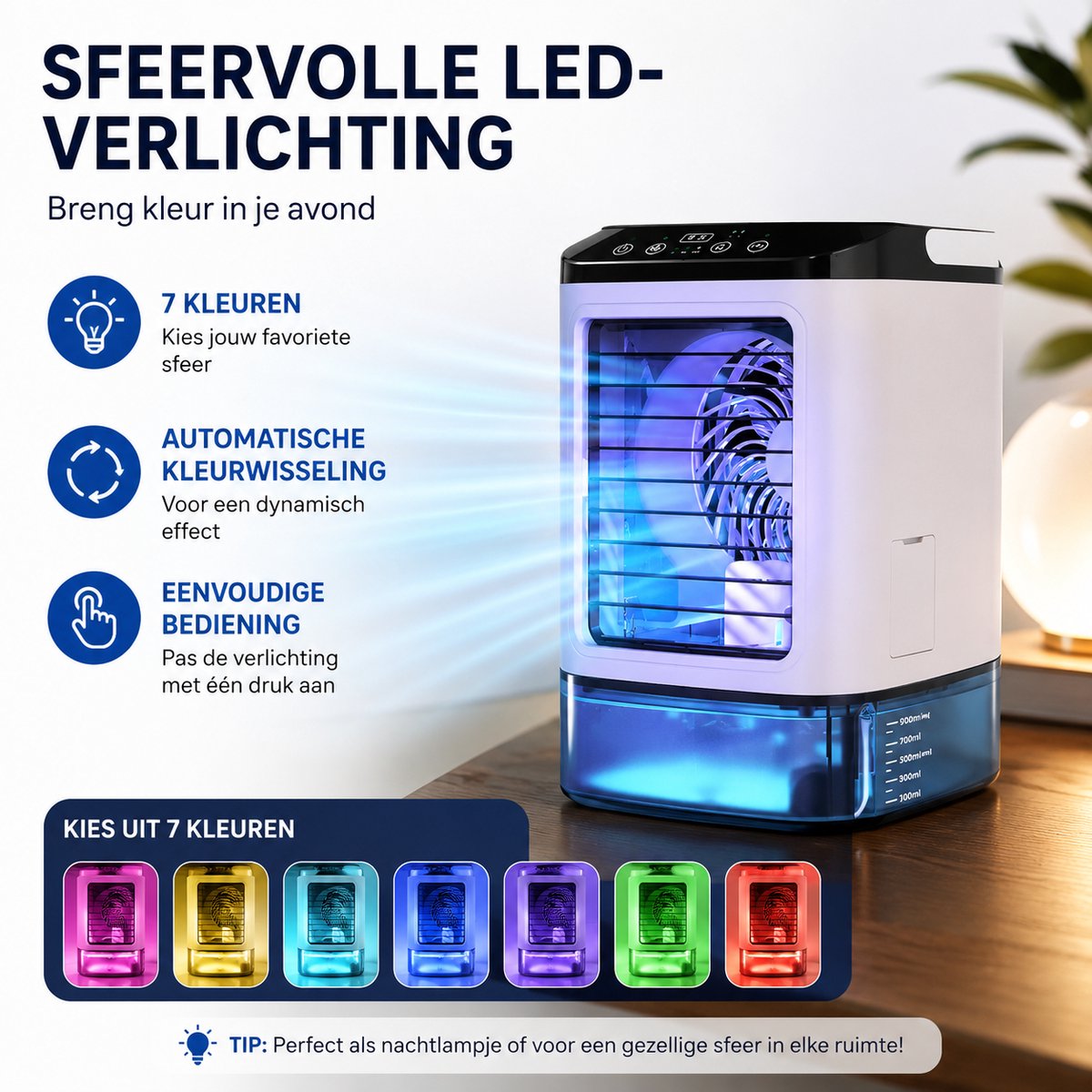 HomeGoodies - Airco - Mobiele airco - Mini airconditioning - Draagbaar - 7 Kleuren Nachtlamp - Voor Slaapkamer, Kantoor en Camper — afbeelding 6