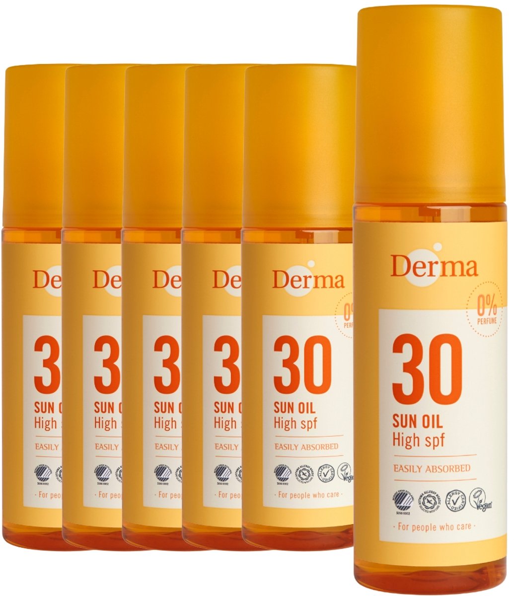 Derma Sun - Zonneolie SPF30 - 6 x 150 ml - Zonnebescherming in Olievorm - Met Vitamine E - Waterbestendig - Parfumvrij - AllergyCertified