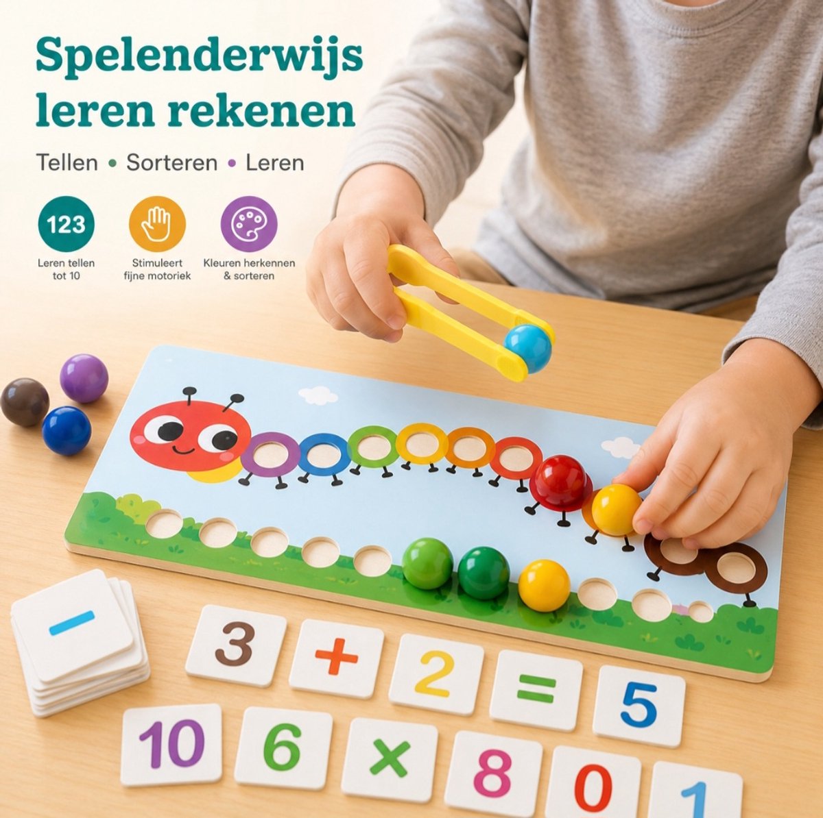 Baby Sonrisa Houten Rekenspel Montessori – Educatief - Telspel met Pincet – Educatief Speelgoed 3 Jaar+ – Kleuren Sorteren & Fijne Motoriek — afbeelding 5