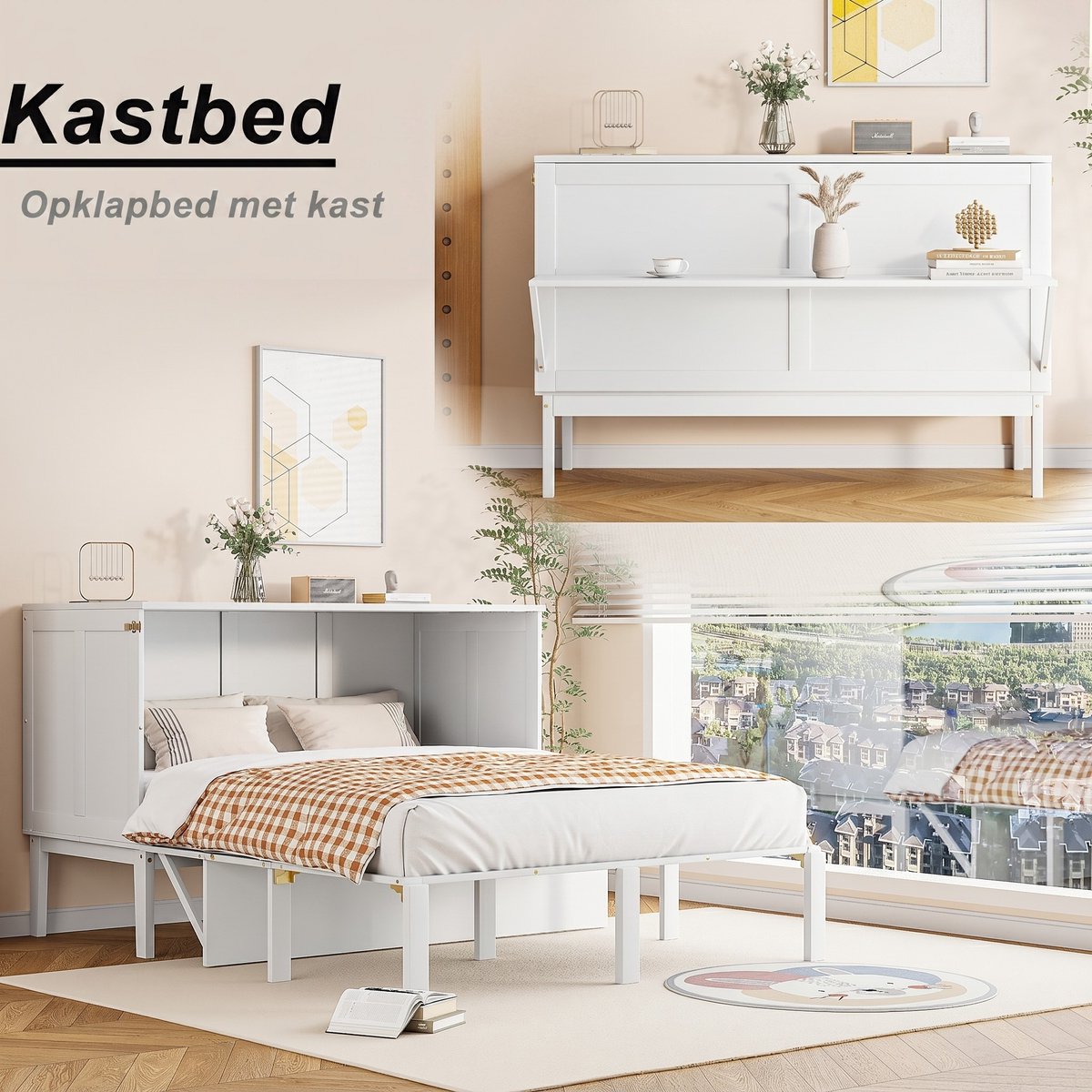 VVBV Opklapbed 140x200 / Vouwbed – met Lattenbodem, Opbergruimte – Tienerbed – Verticaal Wandbed – Wit – Tienerbed 140x200 – met Opbergruimte White