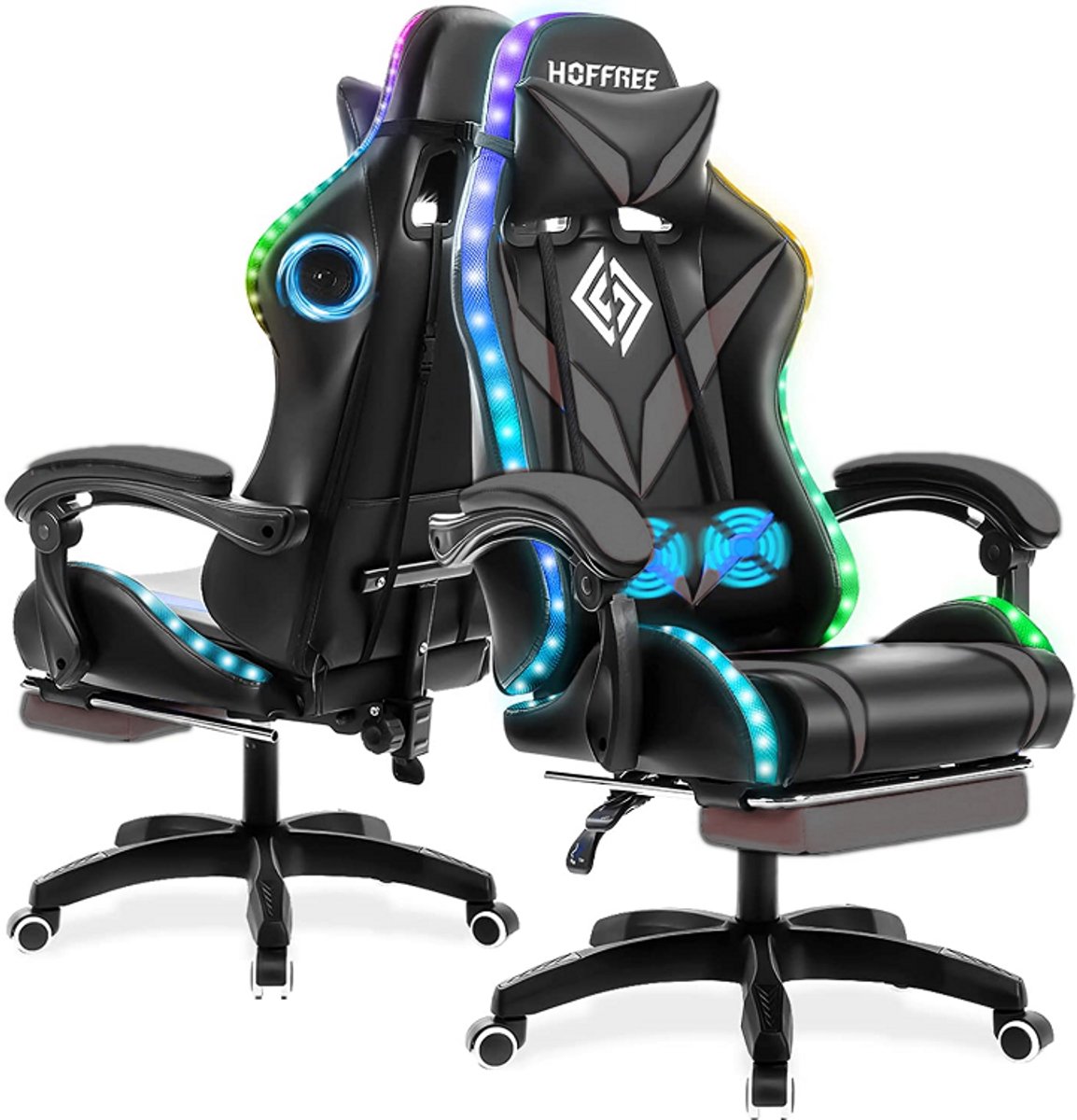 Hoffree Gaming Stoel met RGB-verlichting, Bluetooth Speakers, Massagefunctie en Voetsteun – Ergonomische Bureaustoel Verstelbaar 90°-135° – Zwart/Grijs – Belastbaar tot 160 kg