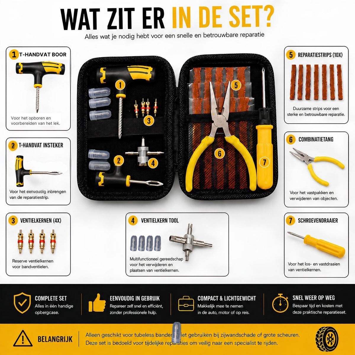 Bandenreparatieset- Banden Reparatieset Auto- Complete Set- Proppenset- Inclusief Handige Opbergtas- Reparatieset Voor Motor, Brommer Of Auto thumbnail 2