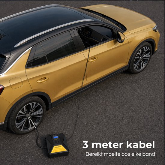 Zwarte en gele Five Stars luchtcompressor aangesloten op een gele auto met een 3 meter lange kabel.