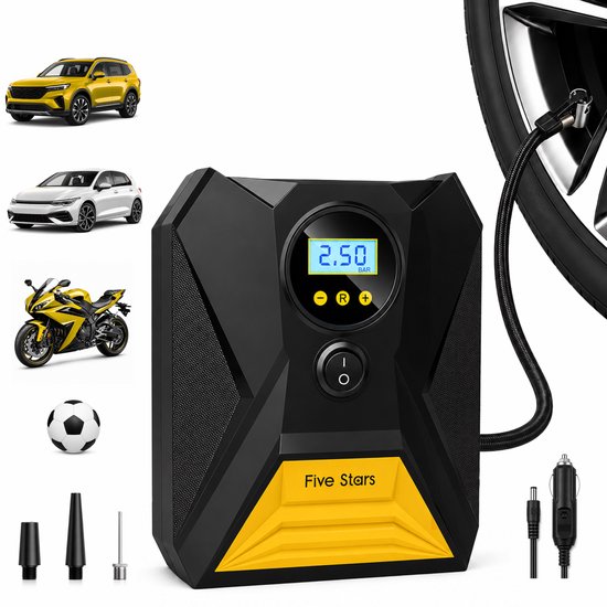 Five Stars® Compresseur Pompe à Pneus - 12V - Compresseur d'air Portable - Pompe Électrique - Pour Voiture, Moto et Ballon
