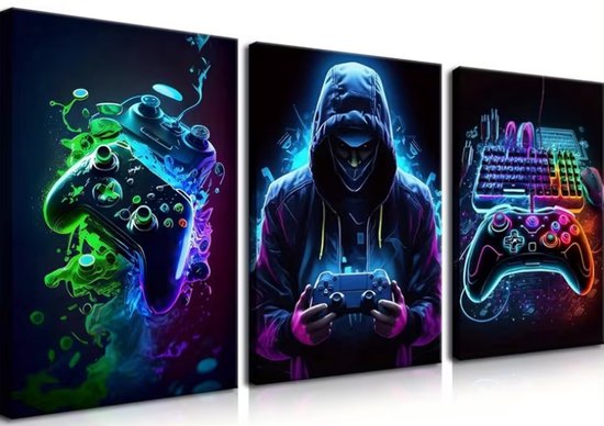 Décoration murale – Ensemble d'art sur toile de Gaming rétro 3 pièces – Posters aquarelles colorées avec manette de jeu au néon – Sans cadre