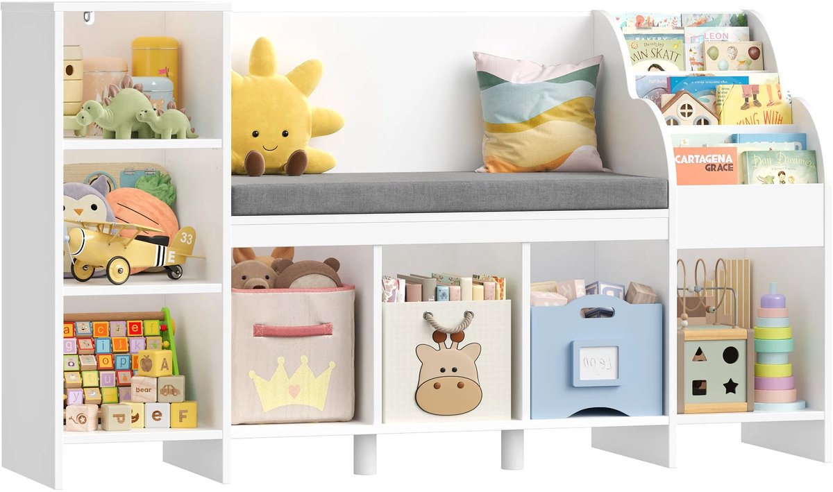 CINK Kids Living® Kinderboekenkast met Opbergbakken en Zitbank – Speelgoedkast Kinderkamer – Boekenkast Kinderen met Opbergvakken – Wit – 138,5 cm