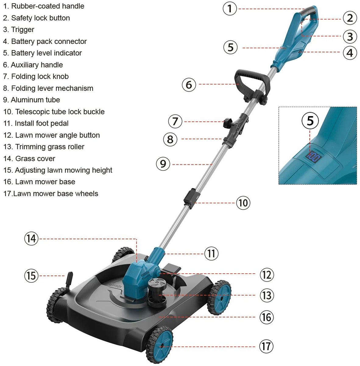 Flolife - 3-in-1 Borstelloze Elektrische Grasmaaier 12 Inch Draadloze Grastrimmer Opvouwbaar Snoeigereedschap voor Makita 18V Accu Incl. 2 Accu's – foto 2