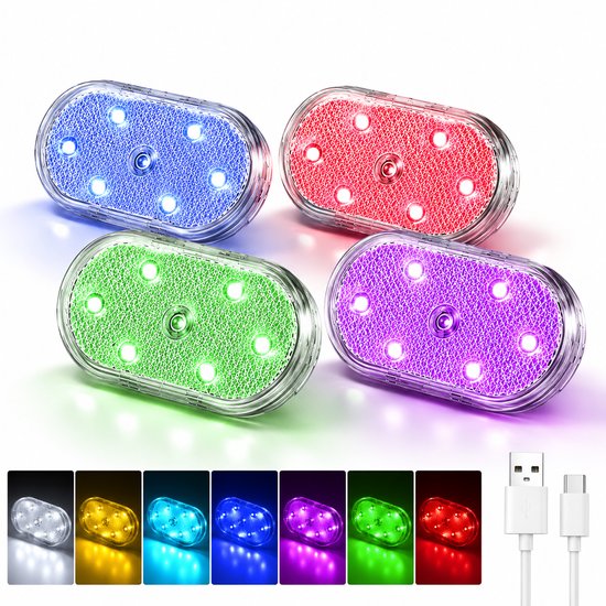 Tolvia Auto LED Interieurverlichting - 4 Stuks Draadloze RGB Sfeerverlichting voor Auto - 7 Kleuren - USB Oplaadbaar - Magnetische LED Verlichting voor Auto Interieur, Kofferbak, Dashboard & Voetruimte