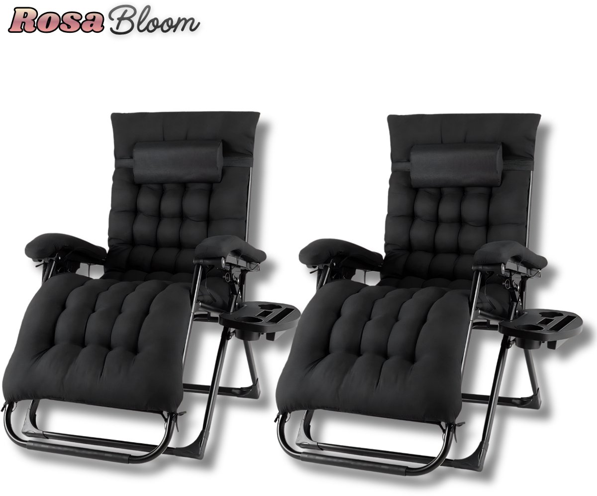 RosaBloom Ligstoel Tuin - Ligbed - set van 2 - Buiten - Opvouwbaar - Zacht Katoen Kussen - Stabiel - max 160kg - Zwart