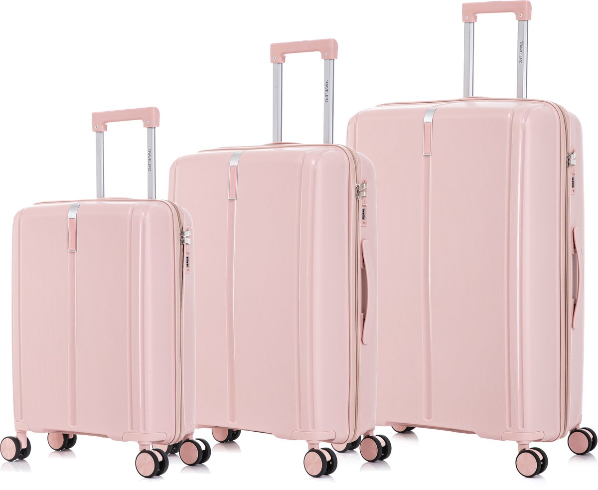 TRAVELERZ - Valencia - 3 Delig kofferset - Handbagage 42L - Medium koffer 67L & Grote koffer 97L - Polypropyleen - Harde schaal - Cijferslot - Lichtgewicht - Flexibel - Duurzaam - Dubbele wielen - Spinner wielen - Millenniumroze - Roze
