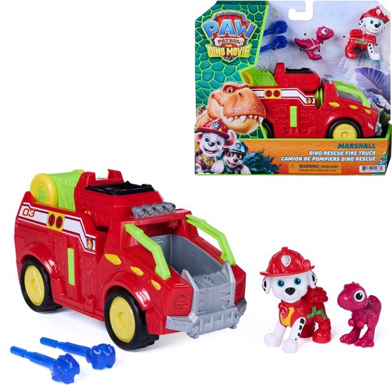 PAW Patrol - De Dino Film - Marshall Dino Rescue Firetruck met volledig ronddraaiende projectielwerper en 2 actiefiguren