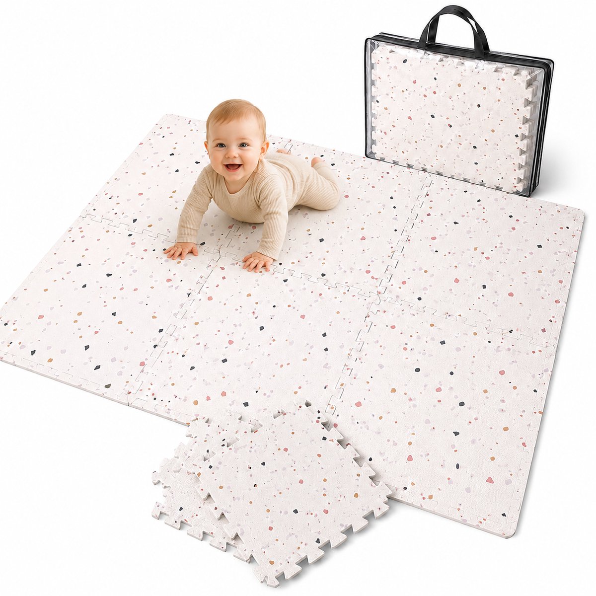 WoonWonder Speelmat baby - Foam - Speelkleed Baby - Dubbelzijdig Opvouwbaar Speelmat - 120 x 180 cm - Terrazzo - Zachte Vloertegels - Inclusief Opbergtas