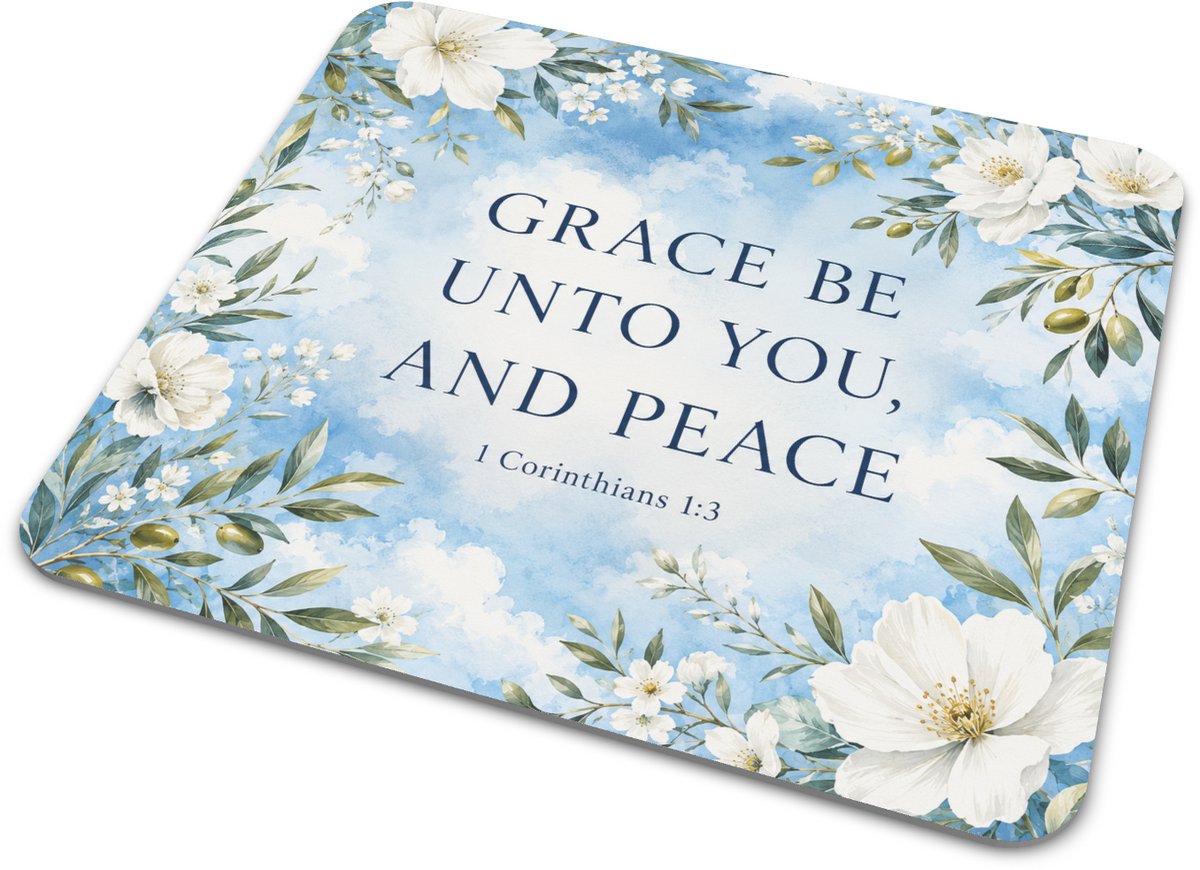 Muismat - Bijbeltekst Grace Be Unto You And Peace 1 Corinthians 1:3 - Aquarel Bloemen en Blauwe Lucht - Christelijk Cadeau - Computeronderlegger
