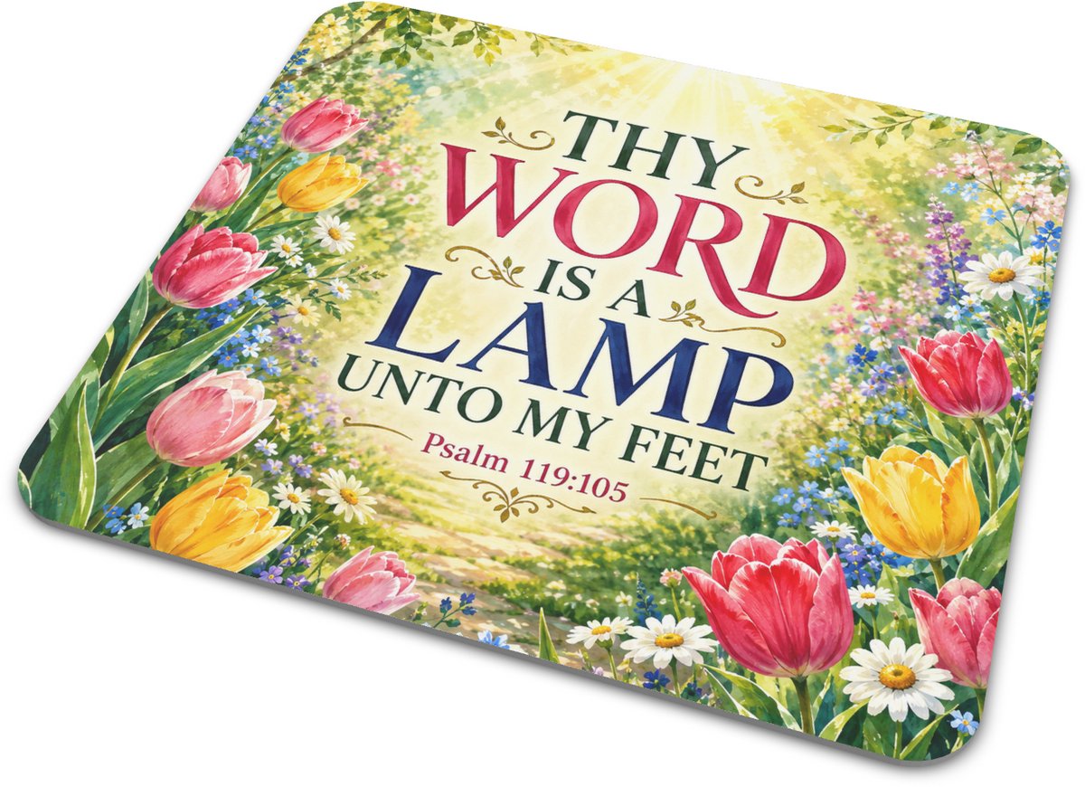 Muismat met Bijbeltekst - Thy Word Is A Lamp Unto My Feet Psalm 119:105 - Christelijk Cadeau - Vrolijke Lentetuin met Tulpen en Madeliefjes - Rechthoekige Bureau Onderlegger