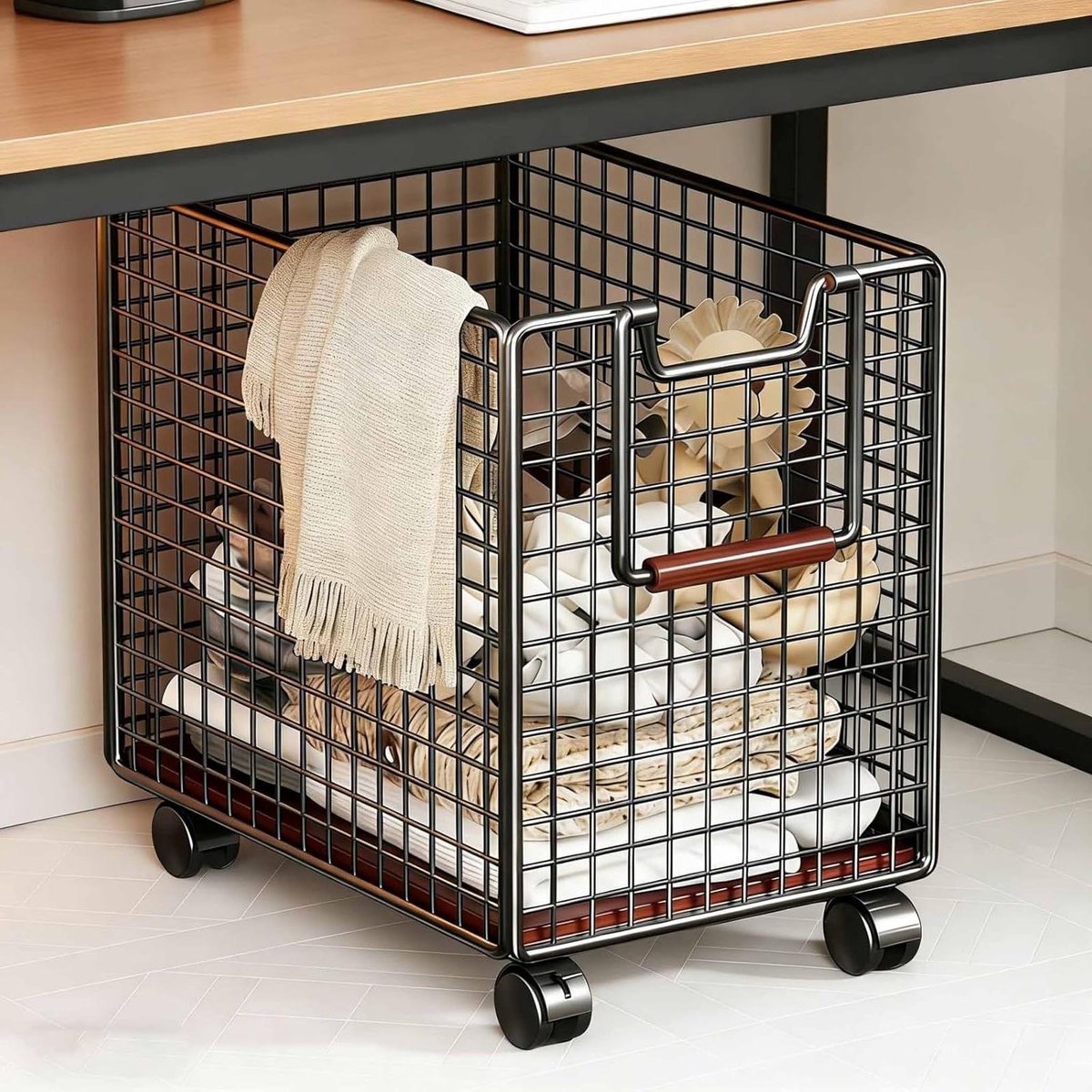 Wasmand met Wielen - Kleding Organizer - Huishoudelijke Organisatie - Ademend Mesh Design - 44 x 28.5 x 40.5 cm