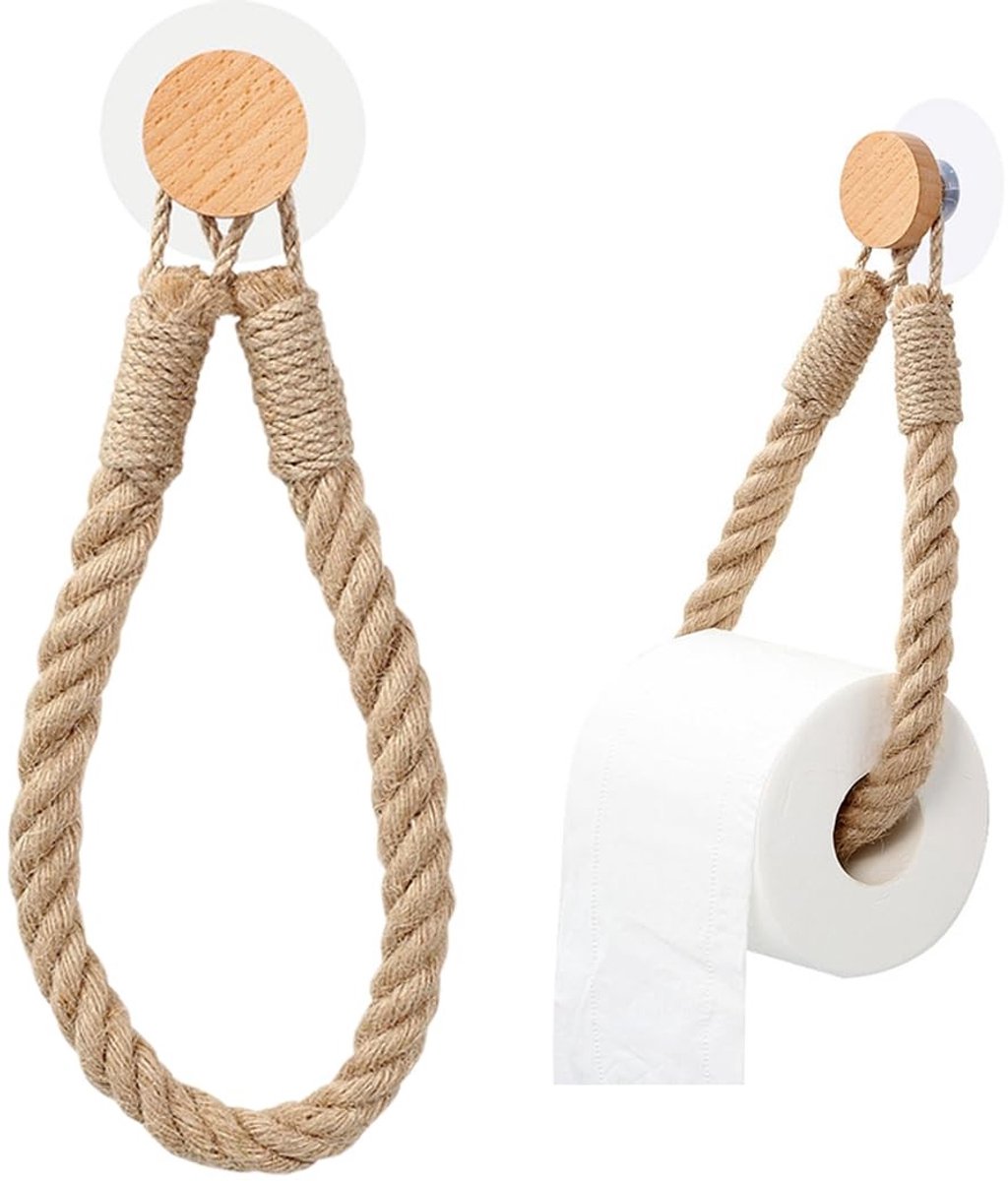 Cosensi- Toiletpapierhouder zonder boren - Vintage Toiletrolhouder - Badkamer Accessoires - Industrieel Design - Touw/Hout - 50 cm lengte - Badkameraccessoires