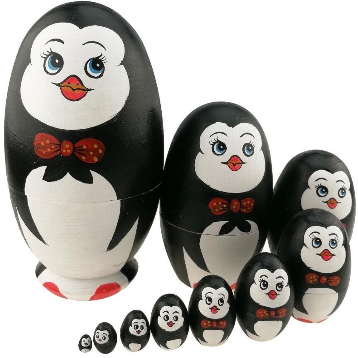 NTH products- Matroshka Poppen Set van 10 - Houten Dierenthema - Eivorm Pinguïn - Handgemaakt Speelgoed - Verrassingsspeeltje - Klassiek Russisch Geschenk - Nestpoppen