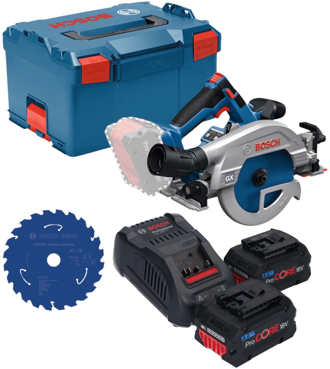 Bosch GKS 18V-57-2 GX Professional accu-cirkelzaag 18 V 165 mm borstelloos + 2x ProCORE-accu 8,0 Ah + oplader + L-Boxx