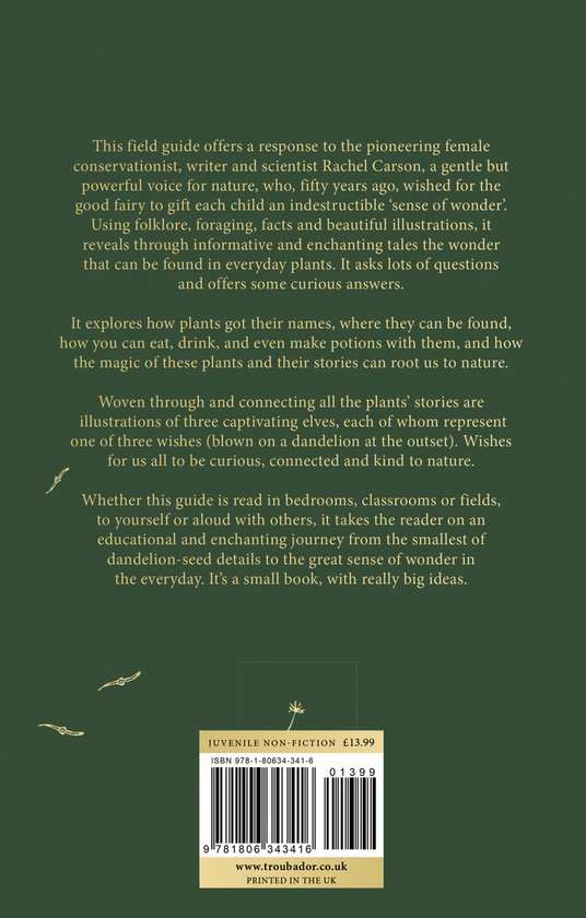Achterkant van het boek "A Field Guide to Wonder", met tekst en ISBN-barcode.