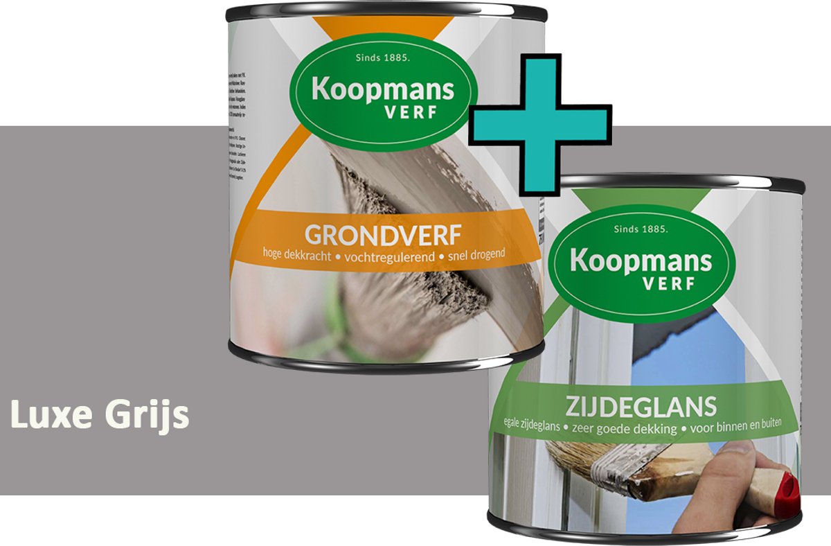 Koopmans Grondverf en Zijdeglans Lakverf - set geschikt voor hout en metaal – Luxe Grijs – 2x – 750 ml