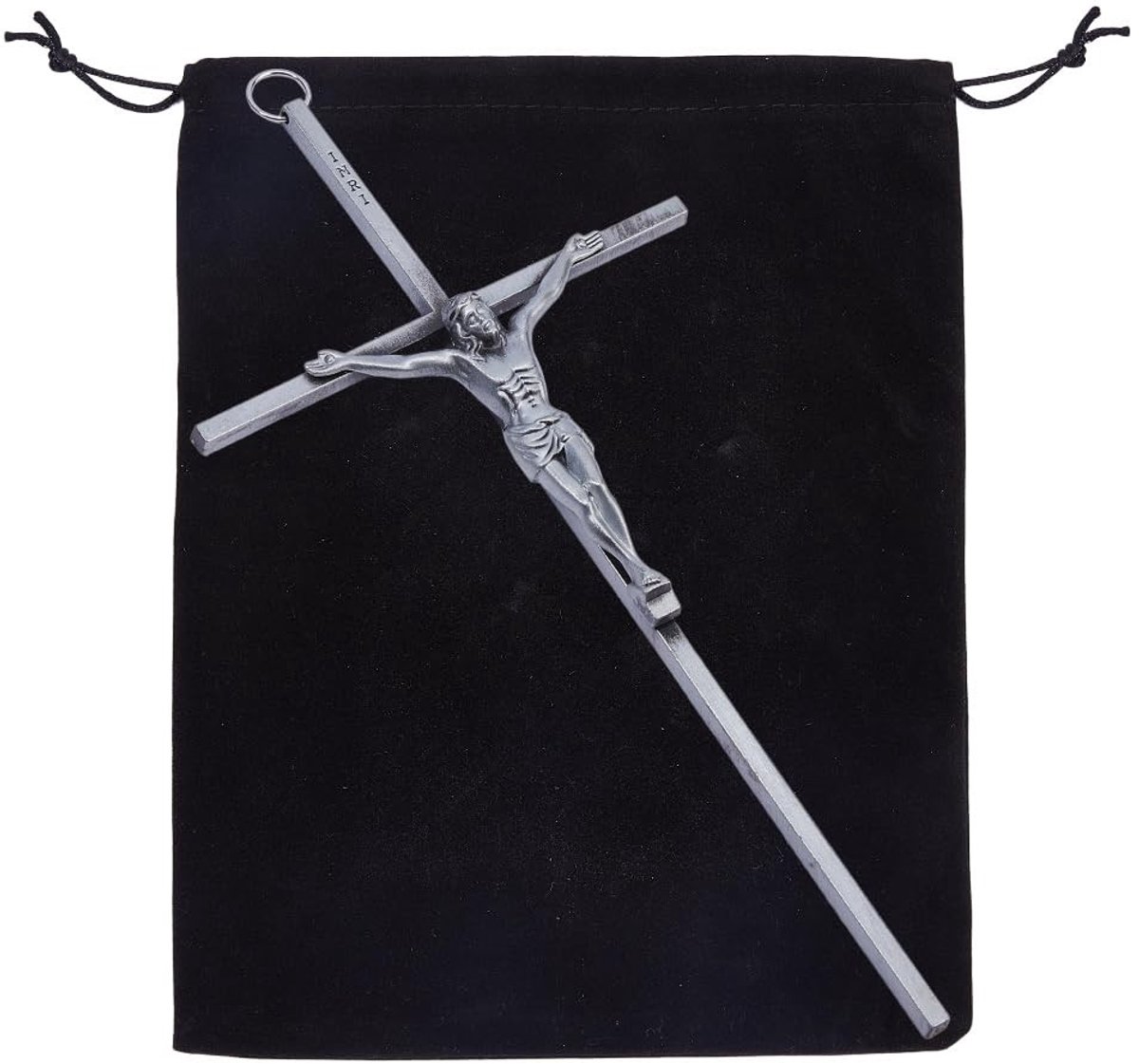 Dailygoods- Wandkruis Slank Ontwerp - Metalen Kruis - Jezus Beeld - Antiek Zilver - Decoratie - Inclusief Fluwelen Tas - Muurkruis