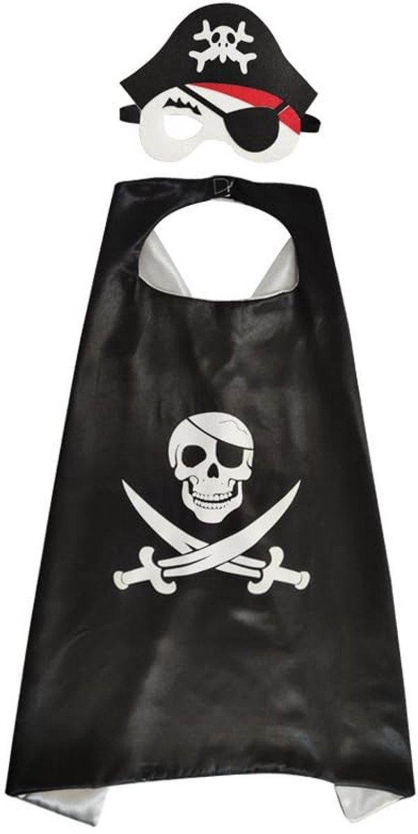 Dailygoods- Piratenkostuum Kind - Zwarte Cape met Doodskop - Piratenhoed met Oogklep - Avontuurlijke Outfit - Perfect voor Feesten - Maximale Bewegingsvrijheid - Piratenoutfit