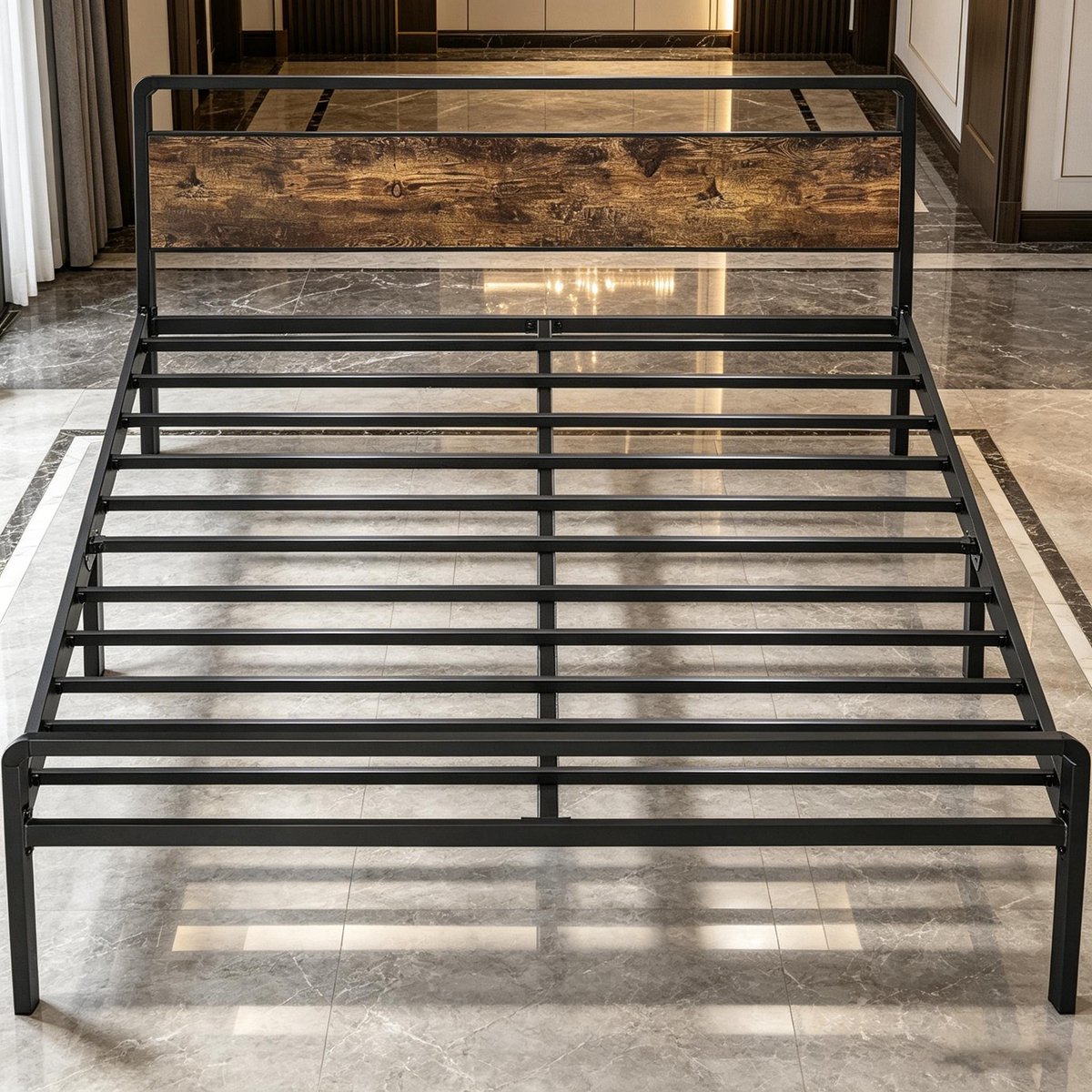Eenpersoonsbedframe metalen platformbedframe geen springmatras nodig stil stevige stalen frameondersteuning vintage bruine kleur